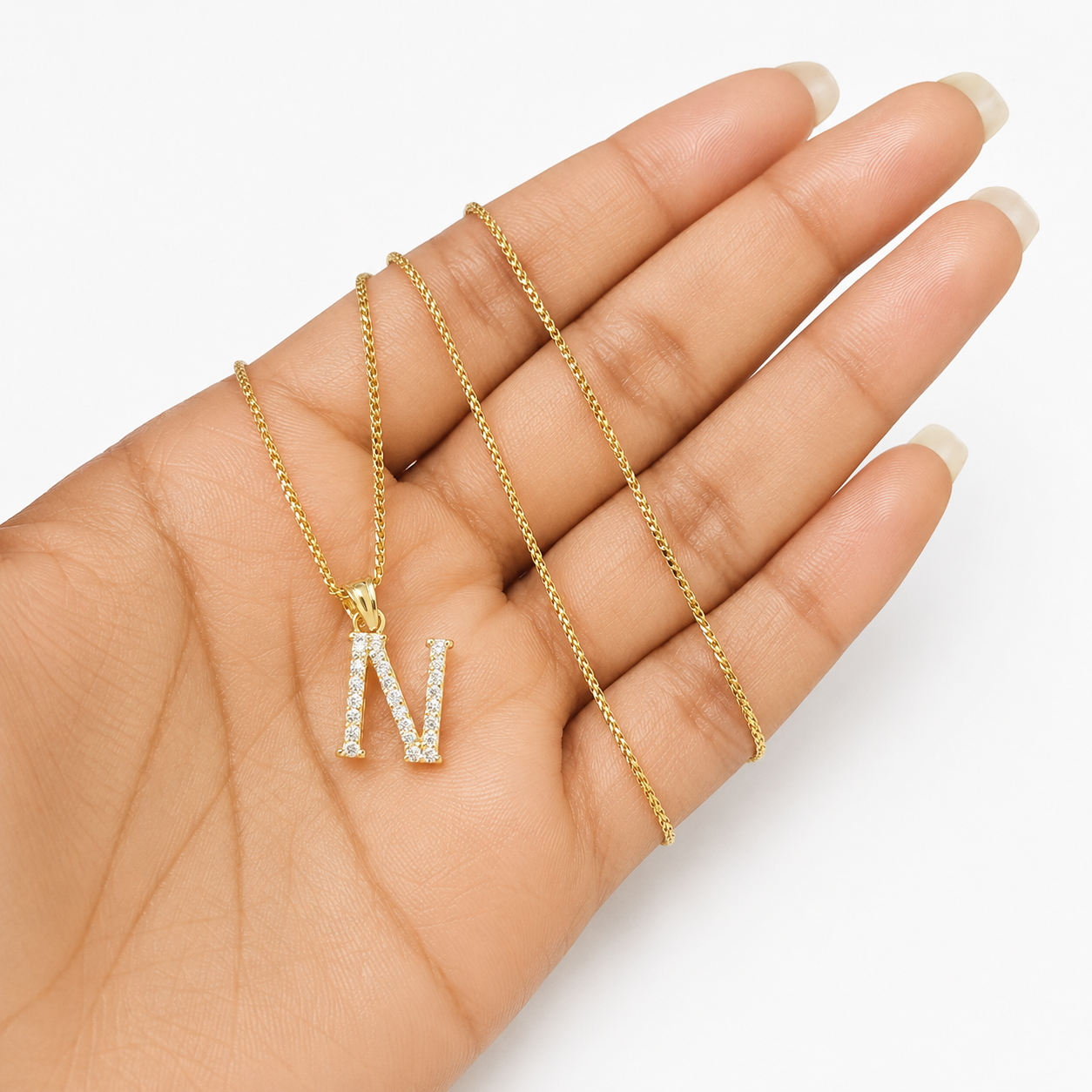 10K Gold Solid Franco Chain N Initial CZ Stone Pendant Set 1mm 16 18 20 22 Women