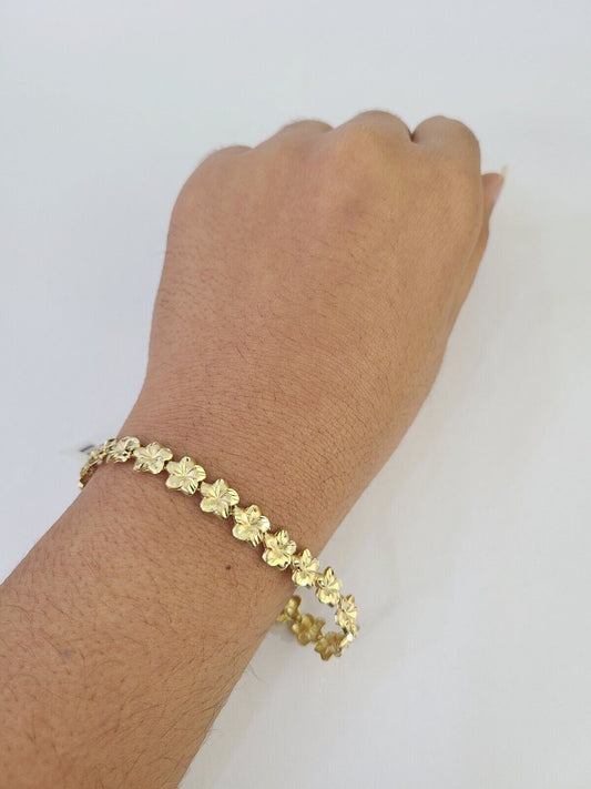 10k Yellow Gold Flower Bracelet 8mm 8" Women Ladies Real Genuine