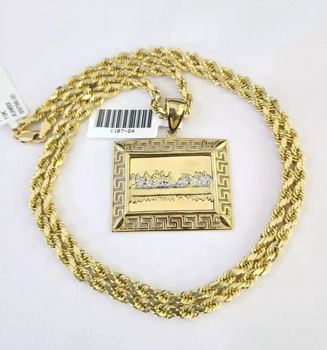 10kt Solid Gold Rope Chain Last Supper Charm Pendant 20-28'' Inches Necklace 4mm