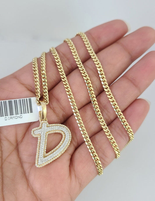 10k Gold Solid Miami Cuban Chain Diamond D Initial Pendant 2.5mm 18"-24" Set