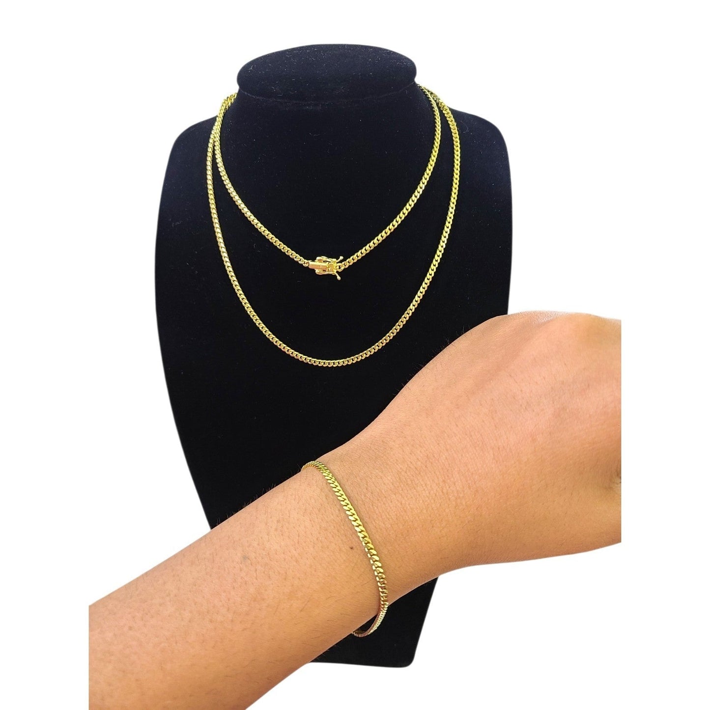 10k Solid Gold Miami Cuban Chain Bracelet Set 2mm 18"-24" Men Women Necklace