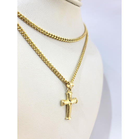 Real Gold 10k Chain Pendant SET Cross Charm Miami Cuban Link Necklace 2.5mm
