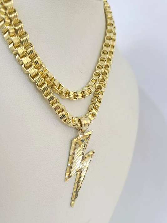 10k Gold Byzantine Necklace Lightning Bolt Pendant Charm SET Chain 20"-30" 4mm