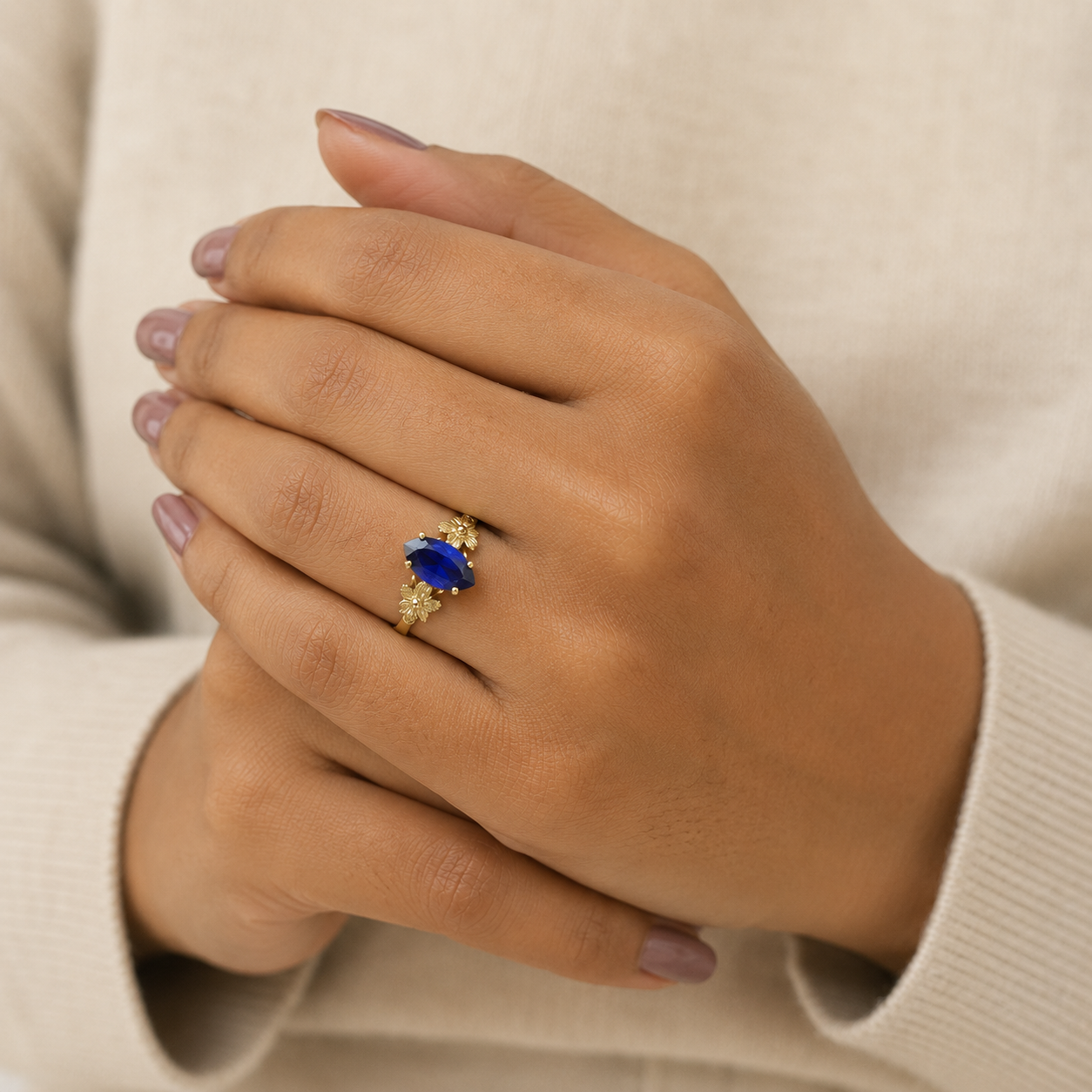 10k Gold Blue Marquise CZ Flower Ring Floral Design Ladies Statement Ring