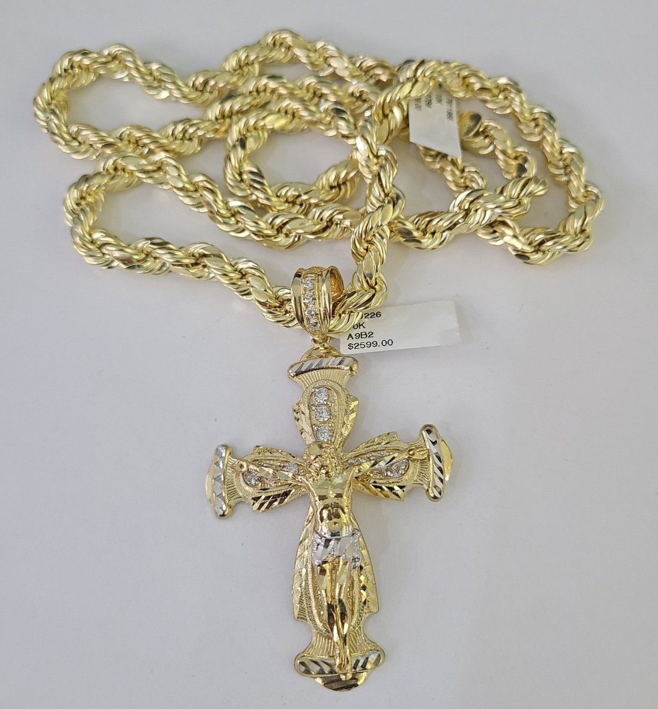 10k Gold Rope Chain & Cross Charm Pendant Mens 10kt Yellow Gold 8mm 26" Necklace