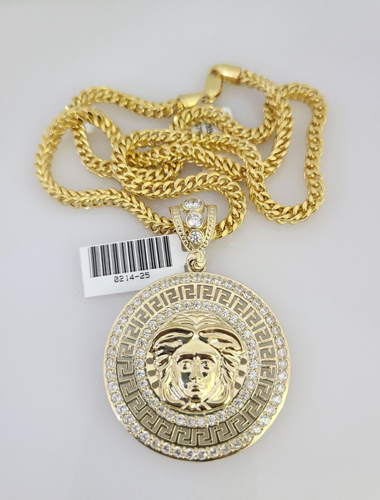 10k Yellow Gold Franco Chain Medusa Head Charm Pendant 4mm 18-28 Inch Necklace