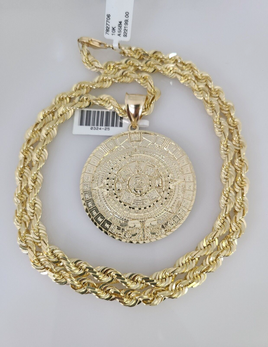 10kt Gold Solid Rope Chain Mayan Calendar Charm Set 18"-30'' Inch 6mm Pendant