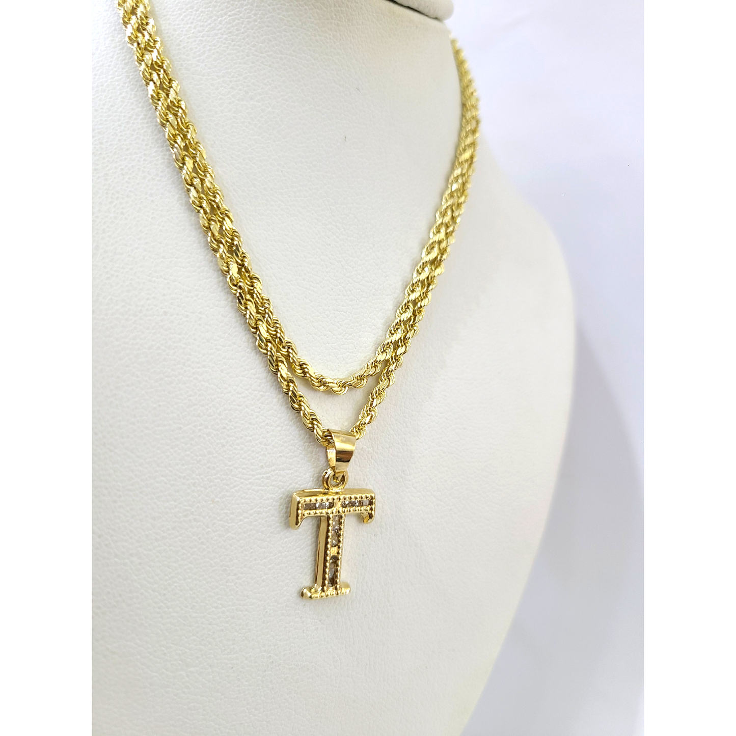 10k 2.5mm Rope Chain T Initial Alphabet Pendant 16"-28" Gold Set Charm Necklace