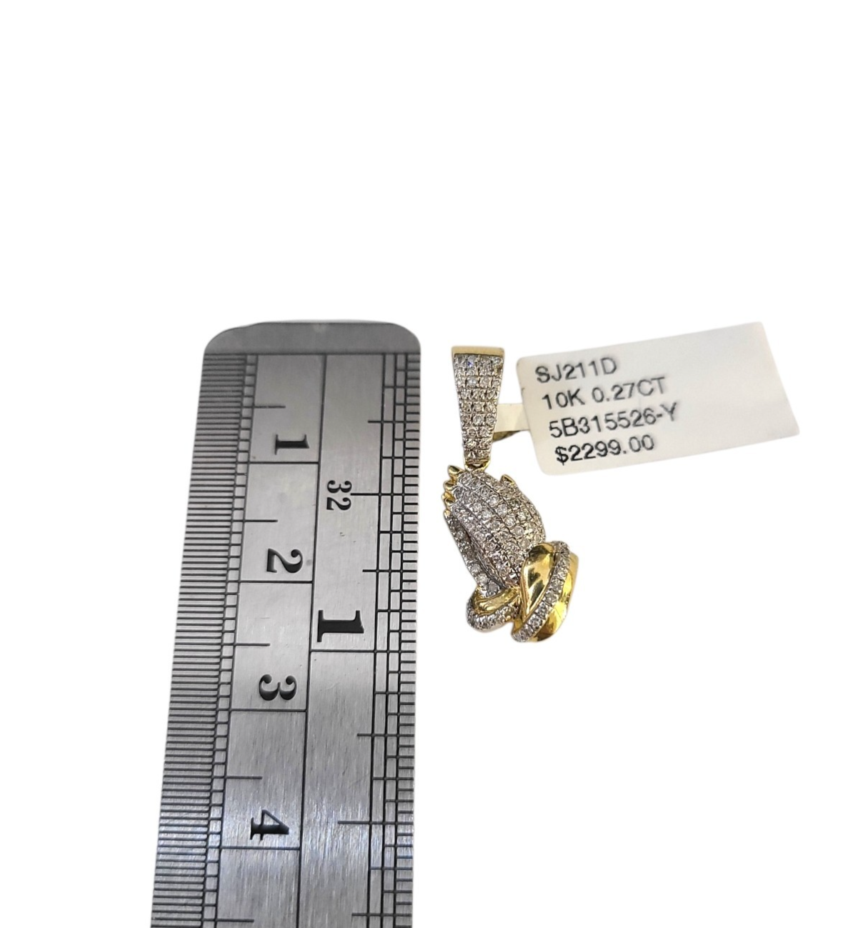 Real 10k Yellow Gold Praying Hands Diamond Charm Pendant 1'' inch Genuine 10kt