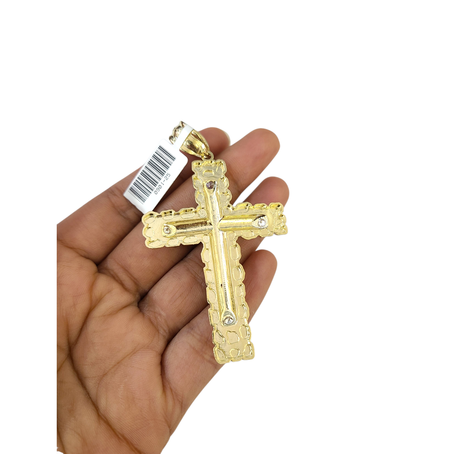 Real 10k Yellow Gold Charm Pendant CZ Nugget Cross 3" Diamond Cuts 10KT