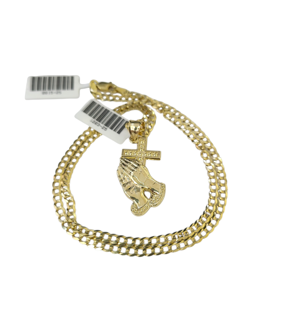 10k Gold Cuban Curb 3mm Chain Necklace Praying Hands Charm Pendant 18"-28" Set