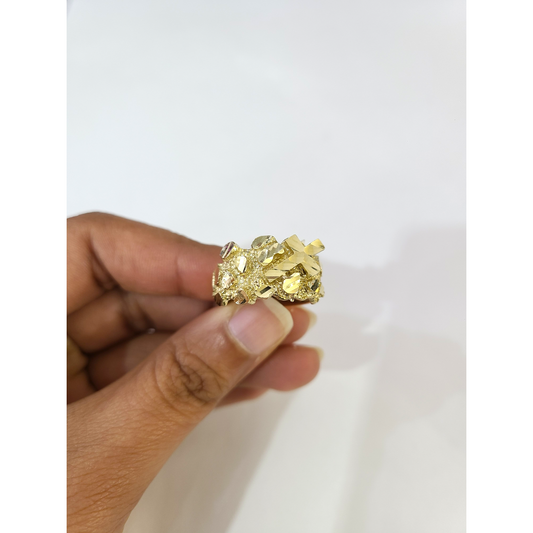Real 10k Nugget Cross Ring Yellow Gold Men 10Kt Genuine