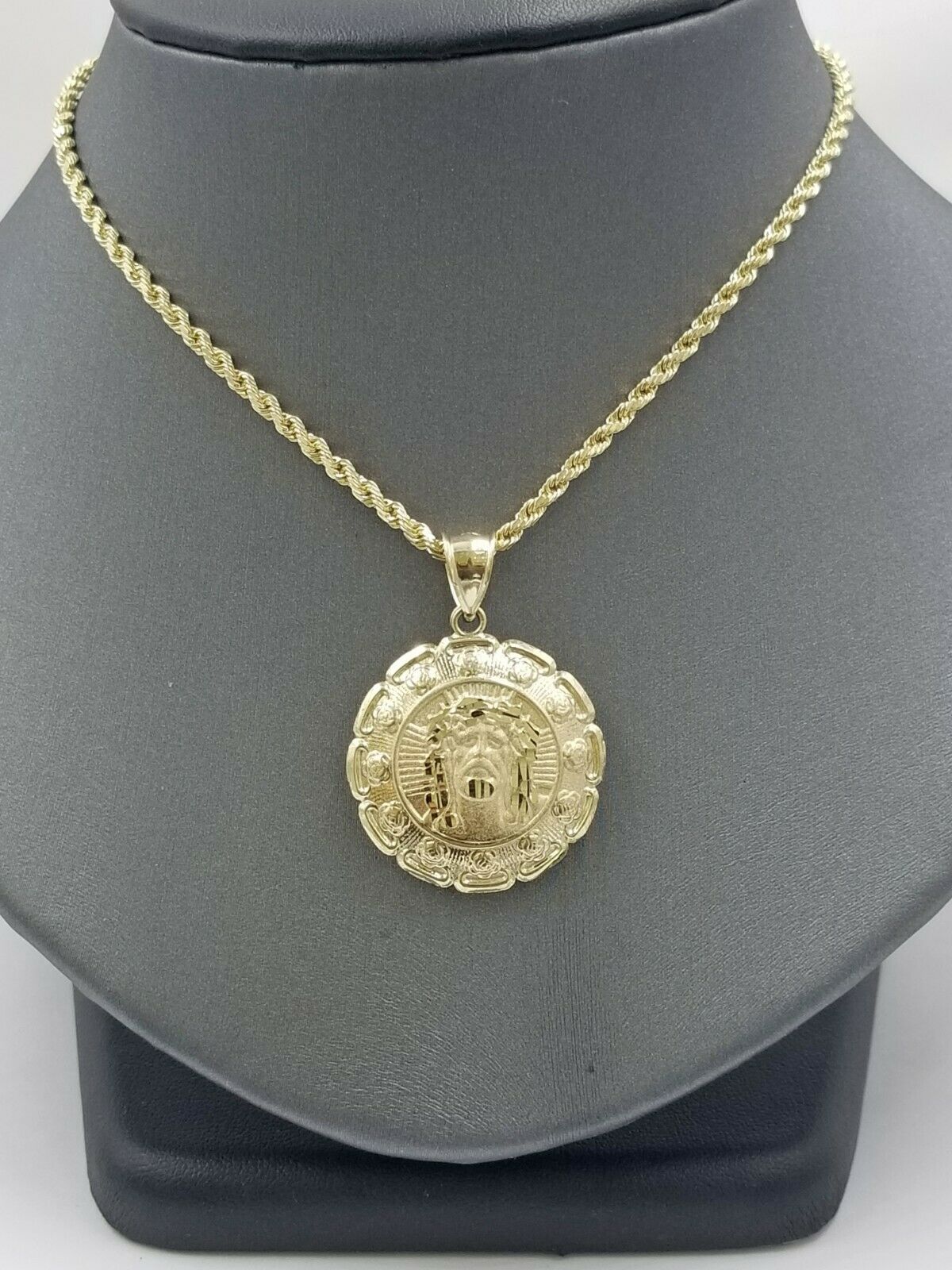 10k Yellow Gold Virgin Marry, Jesus Head Charm two tone Diamond Cut Pendant Real