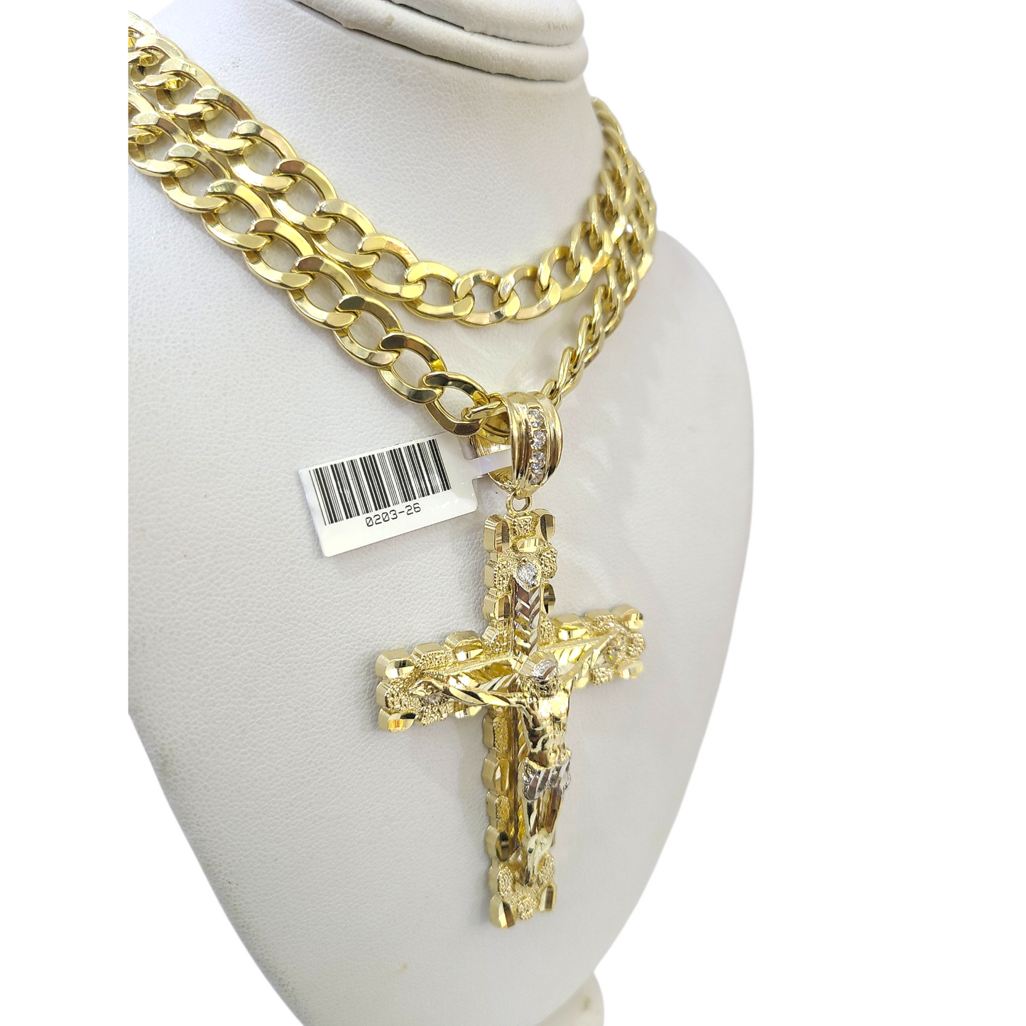 10k Yellow Gold Cuban Curb Chain Nugget Cross Pendant Charm 8mm Necklace Men