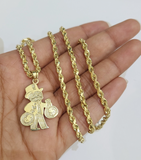 REAL 10k Grandpa Money Bag Charm Rope Chain Pendant 3mm Necklace Set 18"-28" in