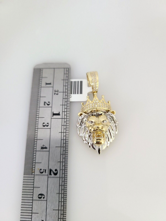 10kt Gold Miami Cuban Chain Diamond Lion Head Charm Pendant 5mm 18-28 Inch