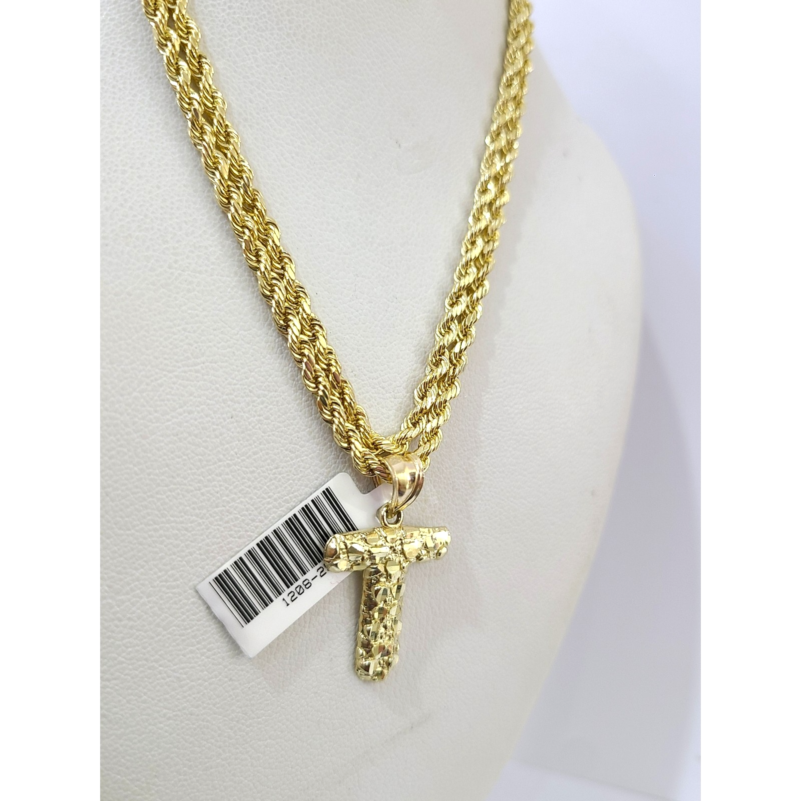 Real 10k Rope Chain Necklace T Nugget Initial Charm 3mm 18"-28" Set Pendant Gold