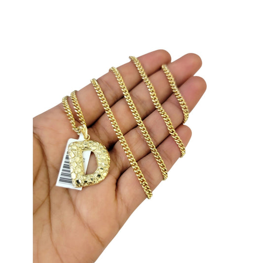 Real Gold 10k Miami Cuban Link Chain 2.5mm Pendant SET D Initial Charm Necklace