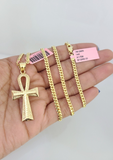 14k Gold Solid Chain Ankh Cross Pendant Set 14kt Miami Cuban Link 3mm Charm