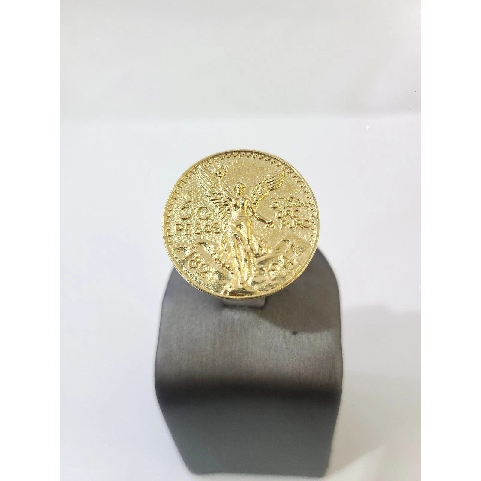 Mens 14K Gold 50 Pesos Coin Ring CZ Bezel Liberty Signet Pinky Statement Ring