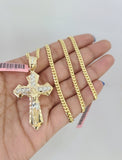 14k Gold Solid Chain Jesus Cross Pendant Set 14kt Miami Cuban Link 3mm Charm