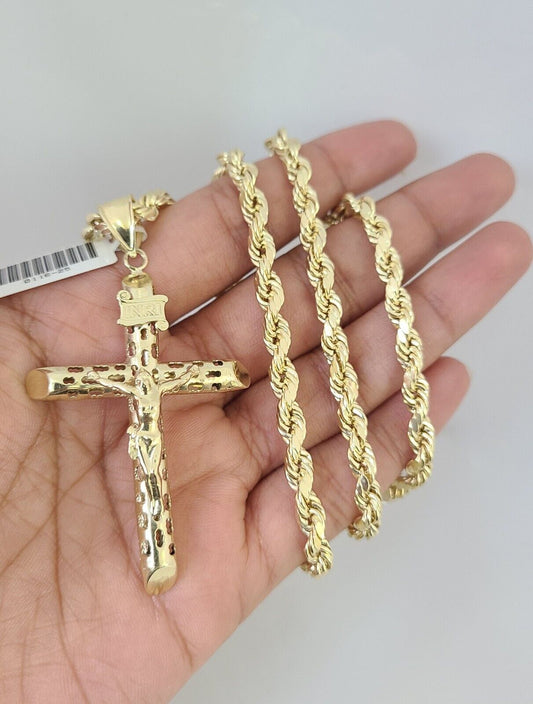 10kt Gold Rope Chain INRI Jesus Cross Charm Set 18"-30'' Inch 5mm Necklace