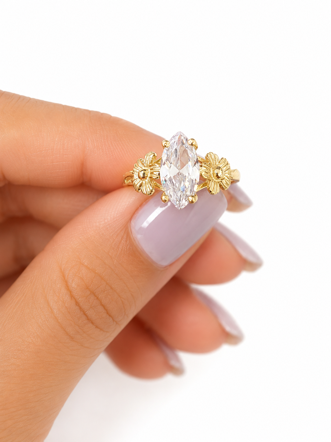 10k Gold Floral Marquise CZ Ring Women Yellow Gold Flower Design Statement