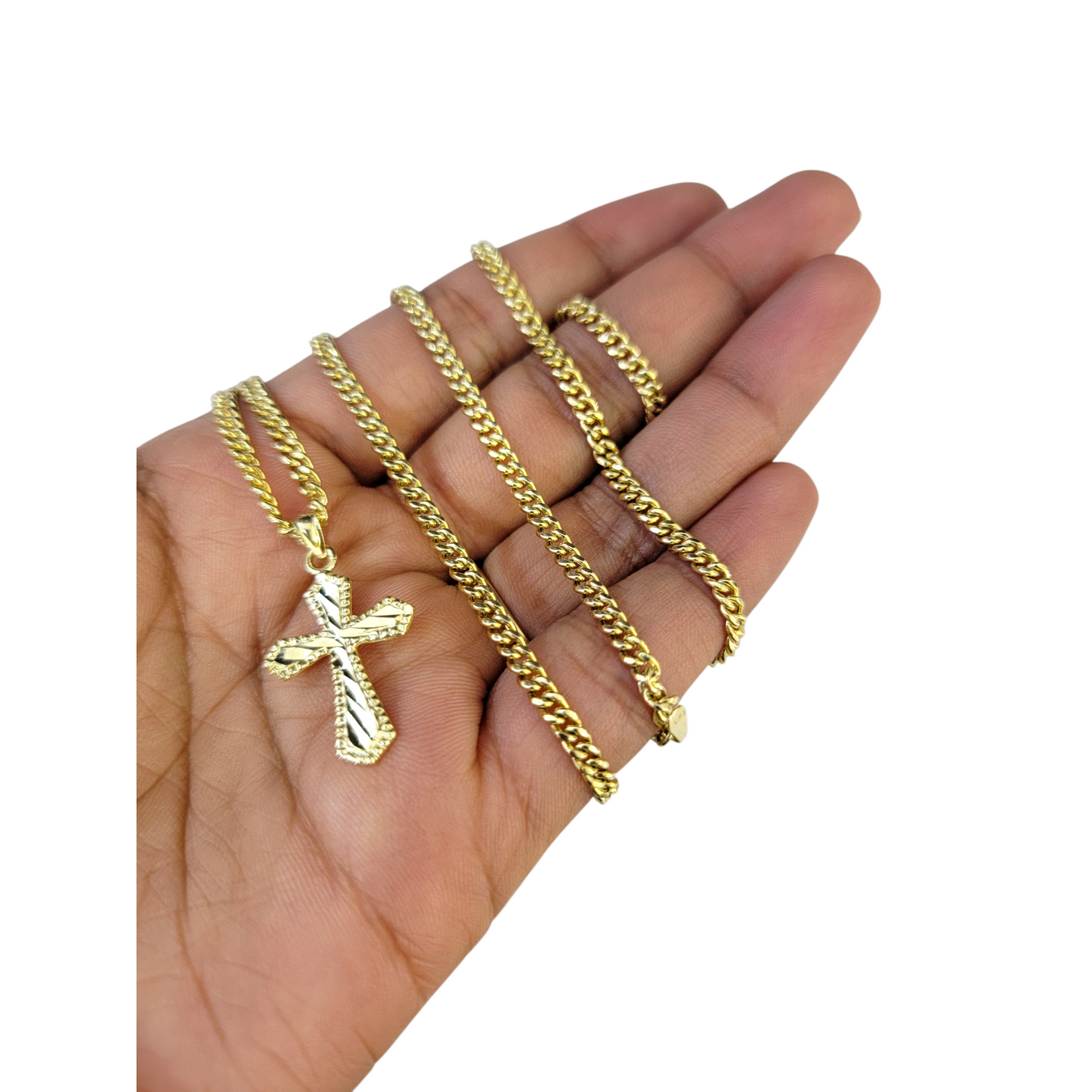 Real Gold 10k Chain Pendant SET Cross Charm Miami Cuban Link Necklace 2.5mm
