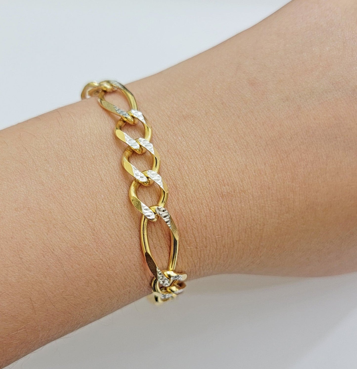 Mens Real 10k Yellow Gold Figaro Link Bracelet Diamond Cut 6.5 mm Solid 8 Inch