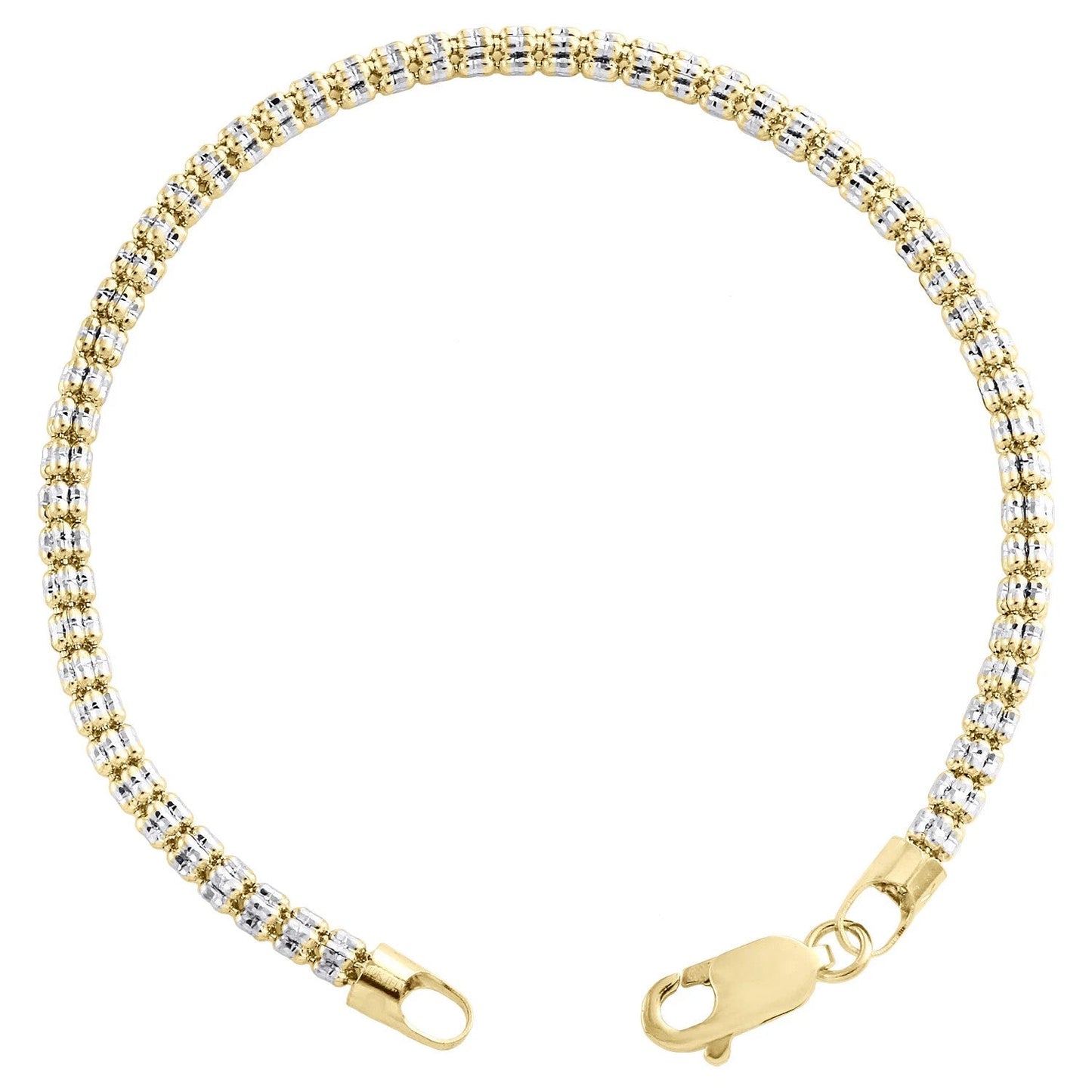 10K Yellow White Gold Two Tone 3mm Diamond Cut Ice Bead Link Bracelet 8 Inches