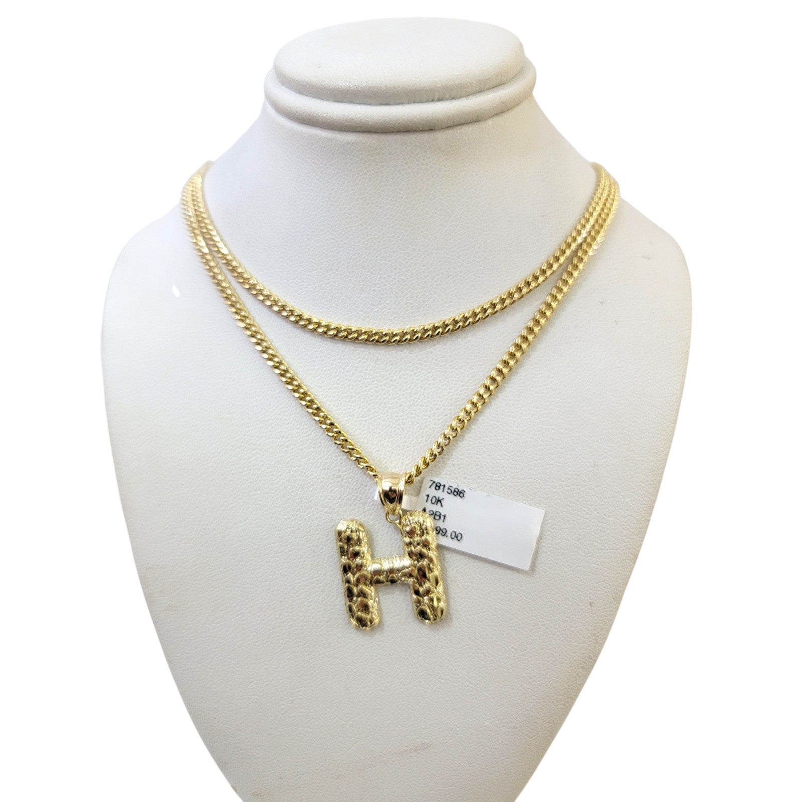 10k Real Gold Miami Cuban Link Chain H Initial Charm Pendant 2.5mm SET Necklace