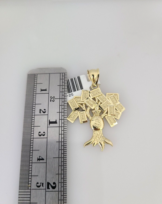 10k Gold Miami Cuban Chain Money Tree Charm Pendant 3mm 18-28in Necklace Set