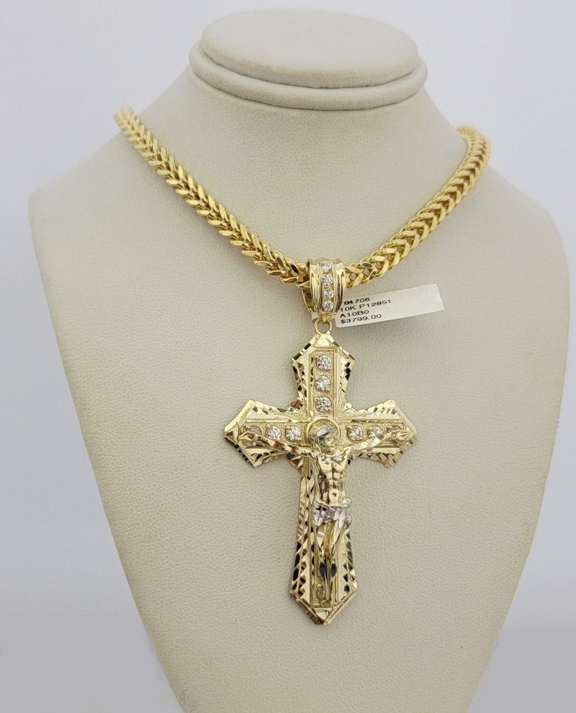 10k Yellow Gold Jesus Cross Charm Pendant 2.75 Inch Real 10kt With Stones