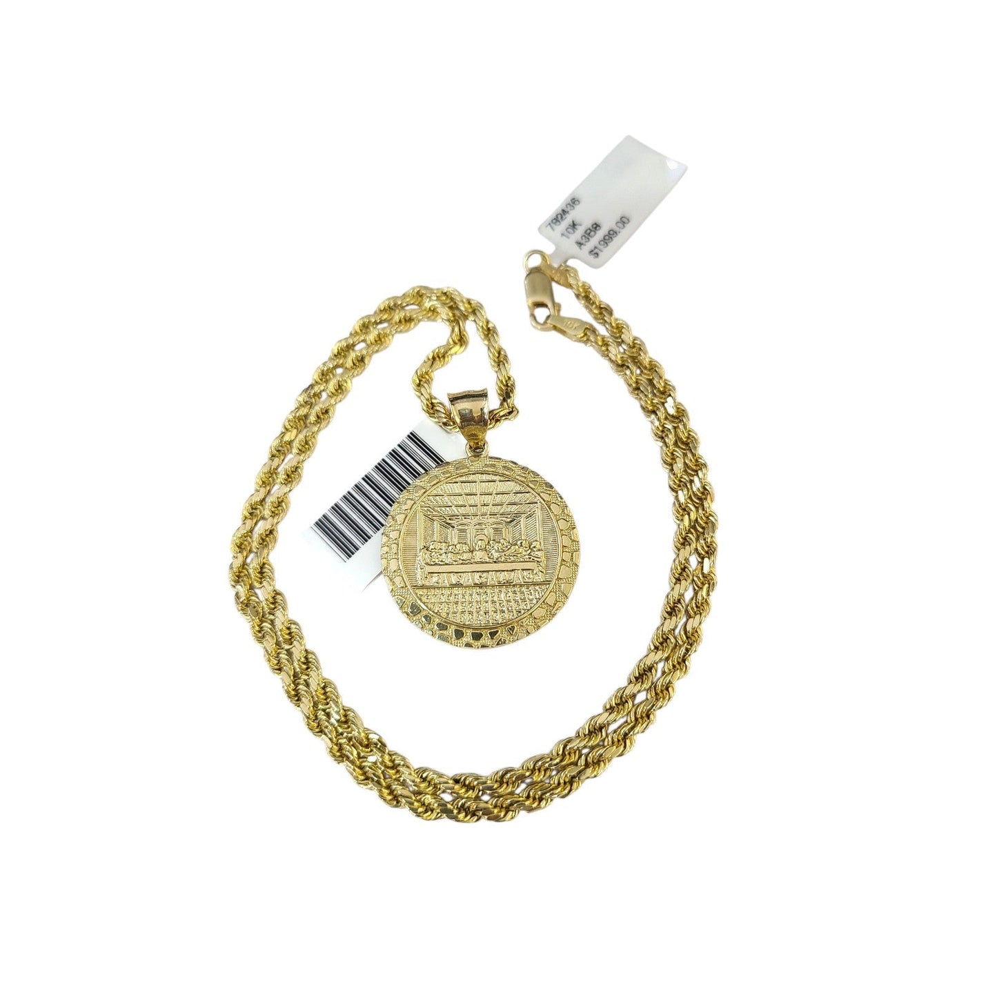 10k Rope Chain Nugget Last Supper Charm Necklace Pendant Set 2mm 18"-24" Gold