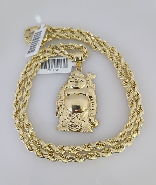 10kt Gold Rope Chain Laughing Buddha Charm Set 18"-30'' Inch 5mm Necklace