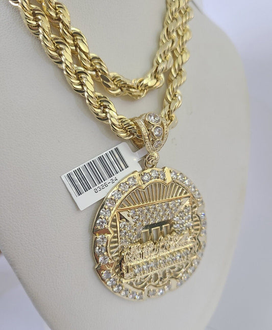 10k Yellow Gold Rope Chain Last Supper Charm Pendant 18-30'' Inch 7mm Necklace