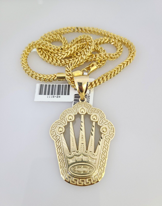 10k Yellow Gold Franco Chain Crown Charm Pendant 4mm 18-28 Inches Necklace