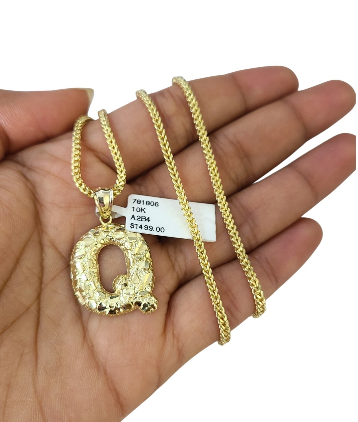 10k Gold Q Nugget Initial Charm Franco Chain 2.5mm 16"-26" Pendant Necklace SET