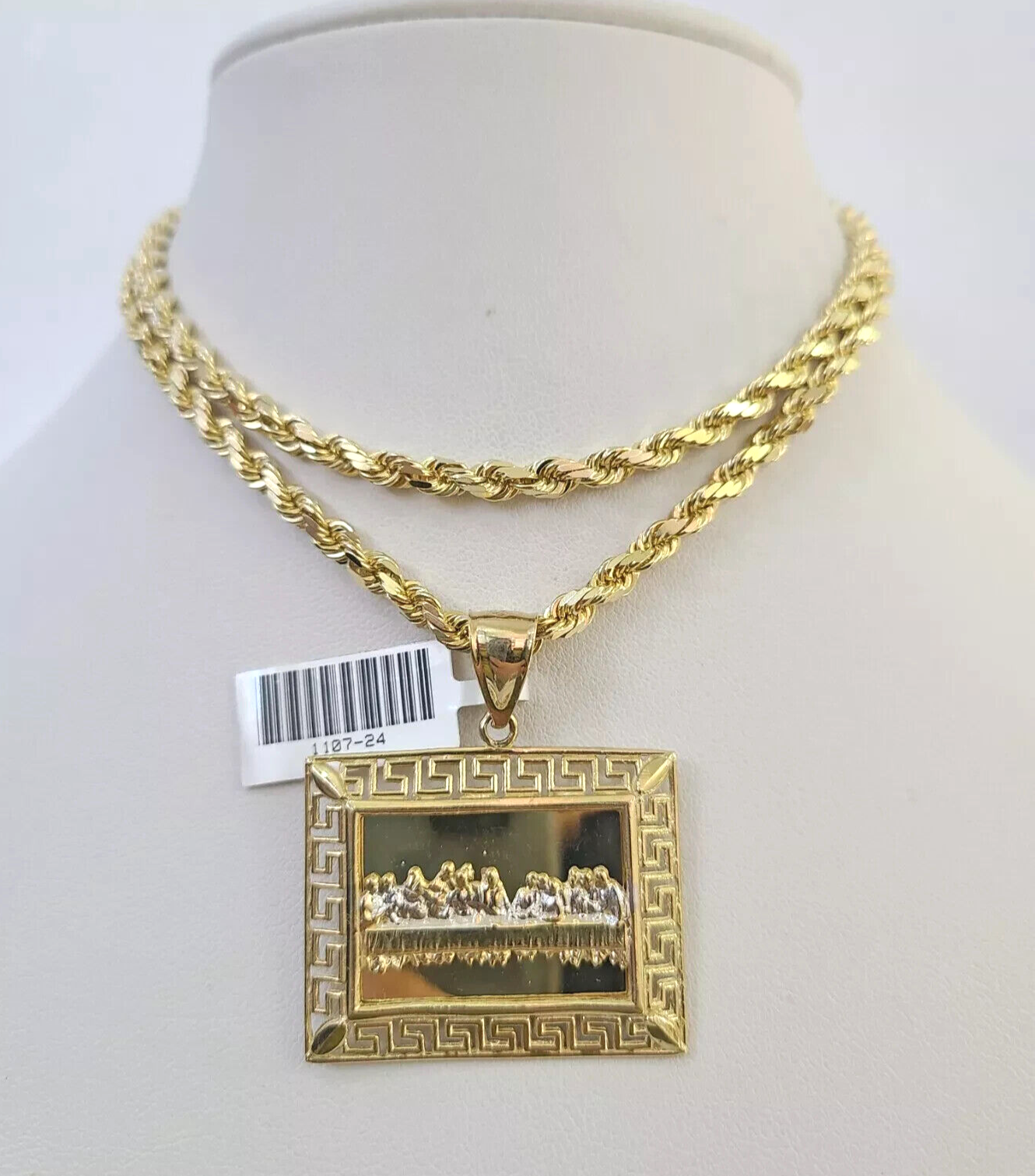 10kt Solid Gold Rope Chain Last Supper Charm Pendant 20-28'' Inches Necklace 4mm