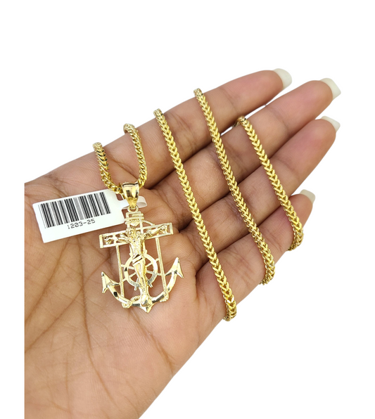 Real 10k Gold Franco Chain Anchor Charm Pendant Necklace SET 2.5mm 18"-26"