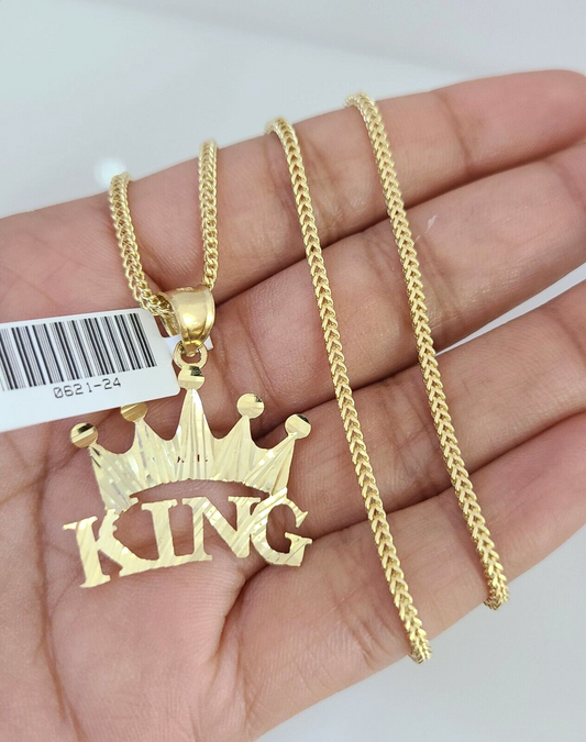 10k Gold Franco Chain King Crown Charm Pendant 2mm 18-24 Inches Necklace SET