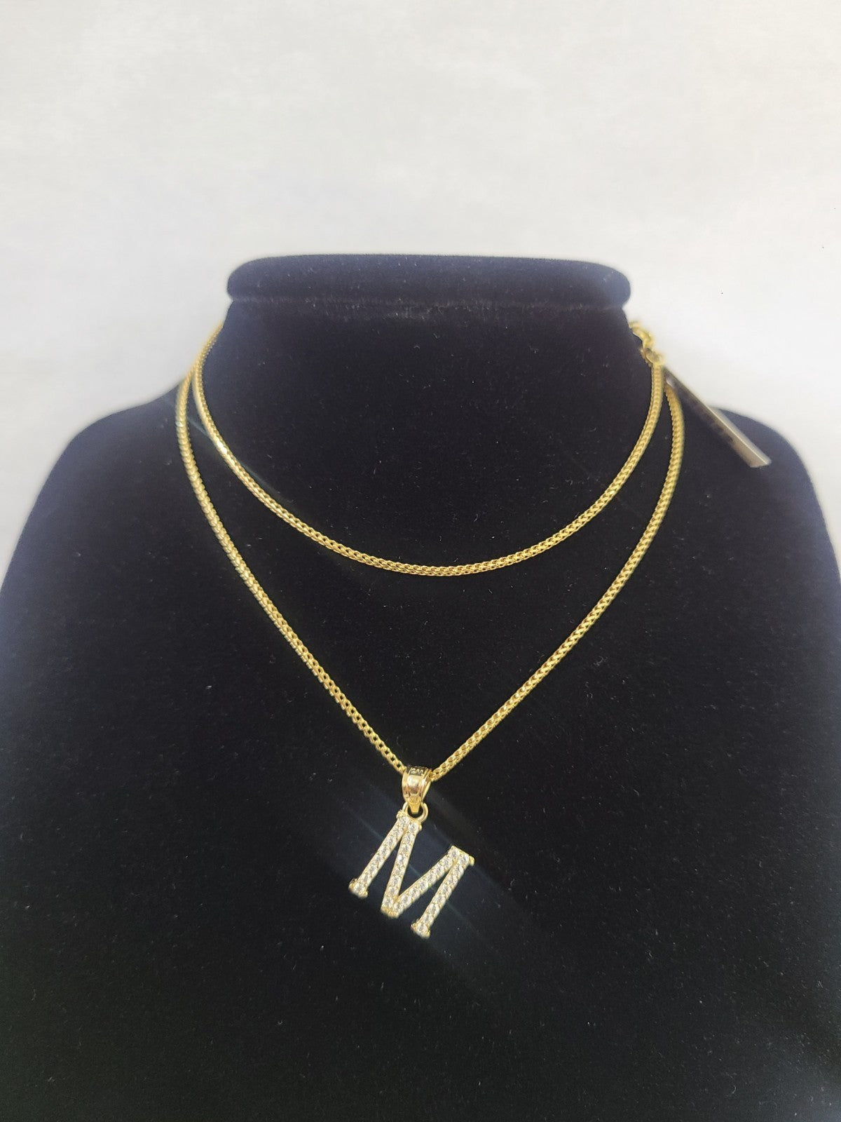 10K Gold Solid Franco Chain M Initial CZ Stone Pendant Set 1mm 16 18 20 22 Women