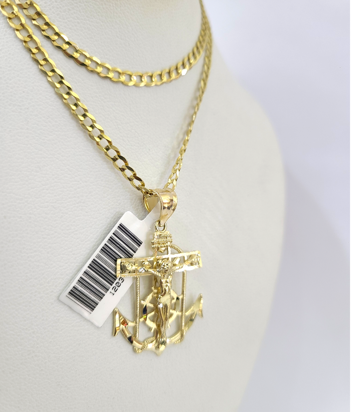 10k Gold Cuban Curb 3mm Chain Necklace Anchor Crucifix Charm Pendant 18"-28"