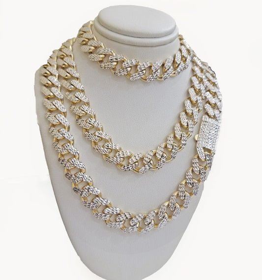Real 10k Gold Chain Royal Miami Cuban Link Necklace 13mm 24" Rhodium Diamond Cut