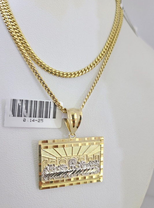 10k Gold Solid Miami Cuban Necklace Last Supper Pendant 2.5mm 18-24" Chain Set