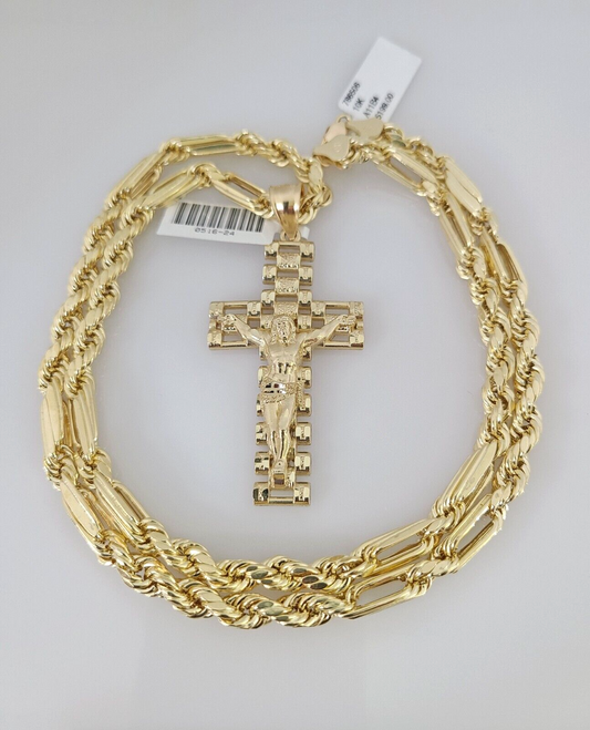 10k Gold Milano Rope Chain Jesus Cross Charm 6mm Set 20"-26'' Inches Necklace