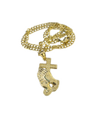 10k Gold Cuban Curb 3mm Chain Necklace Praying Hands Charm Pendant 18"-28" Set