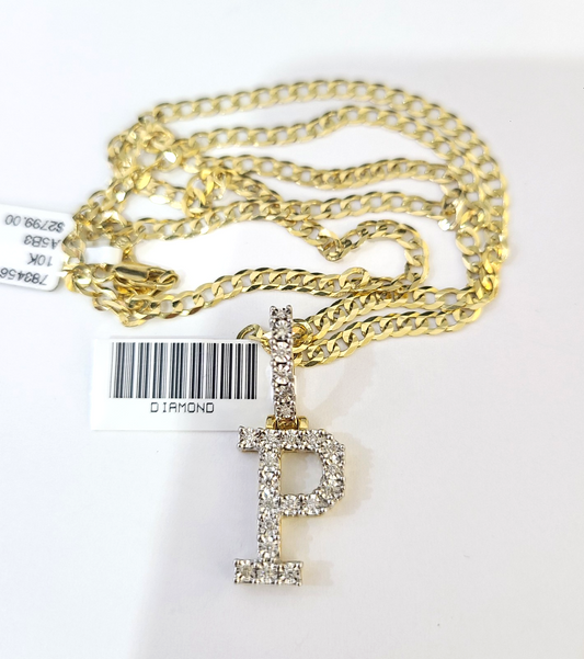 10k Gold Chain Necklace Cuban Curb P Diamond Initial Pendant Set 3mm 20"-30"