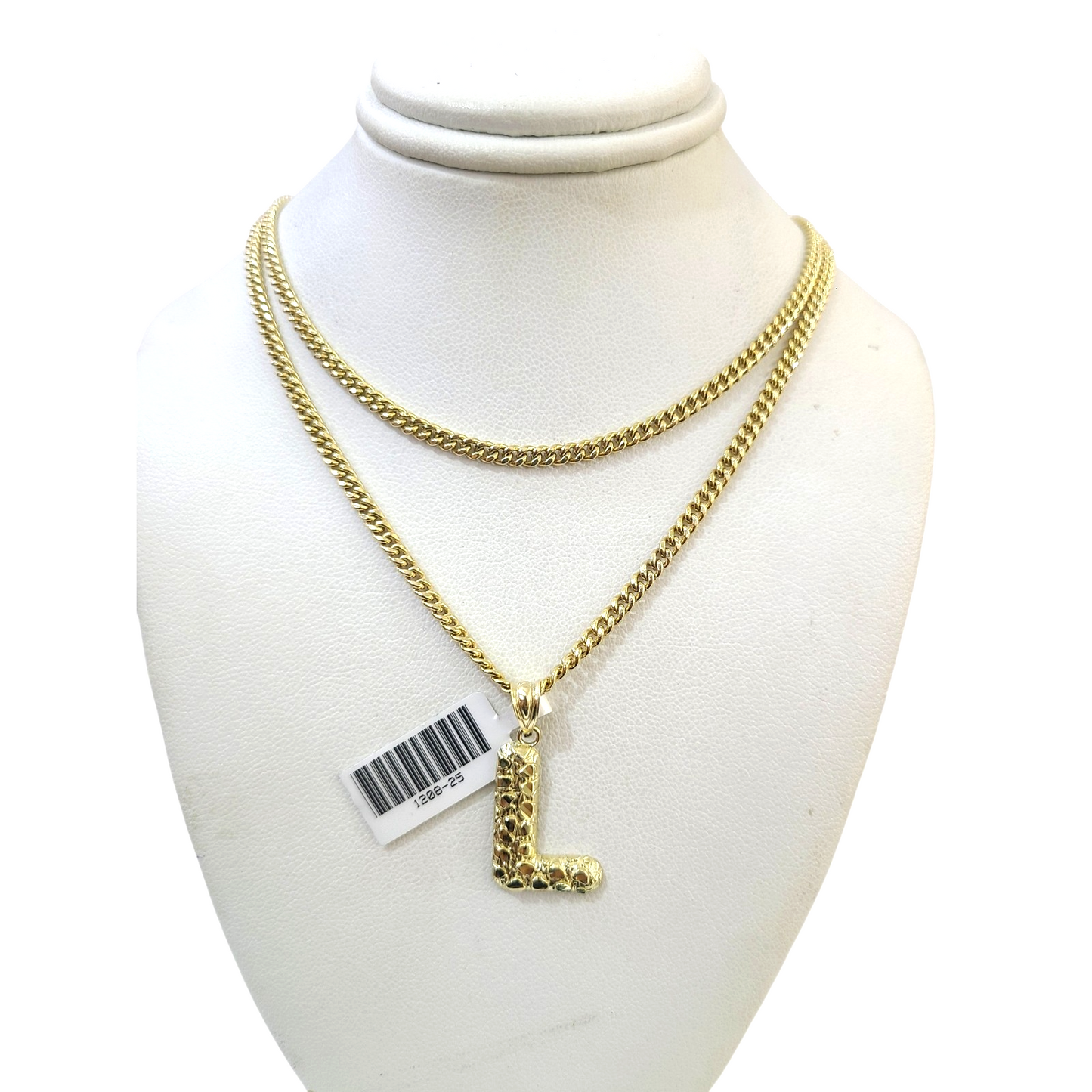 Real Gold 10k Chain Pendant SET L Initial Charm Miami Cuban Link Necklace 2.5mm