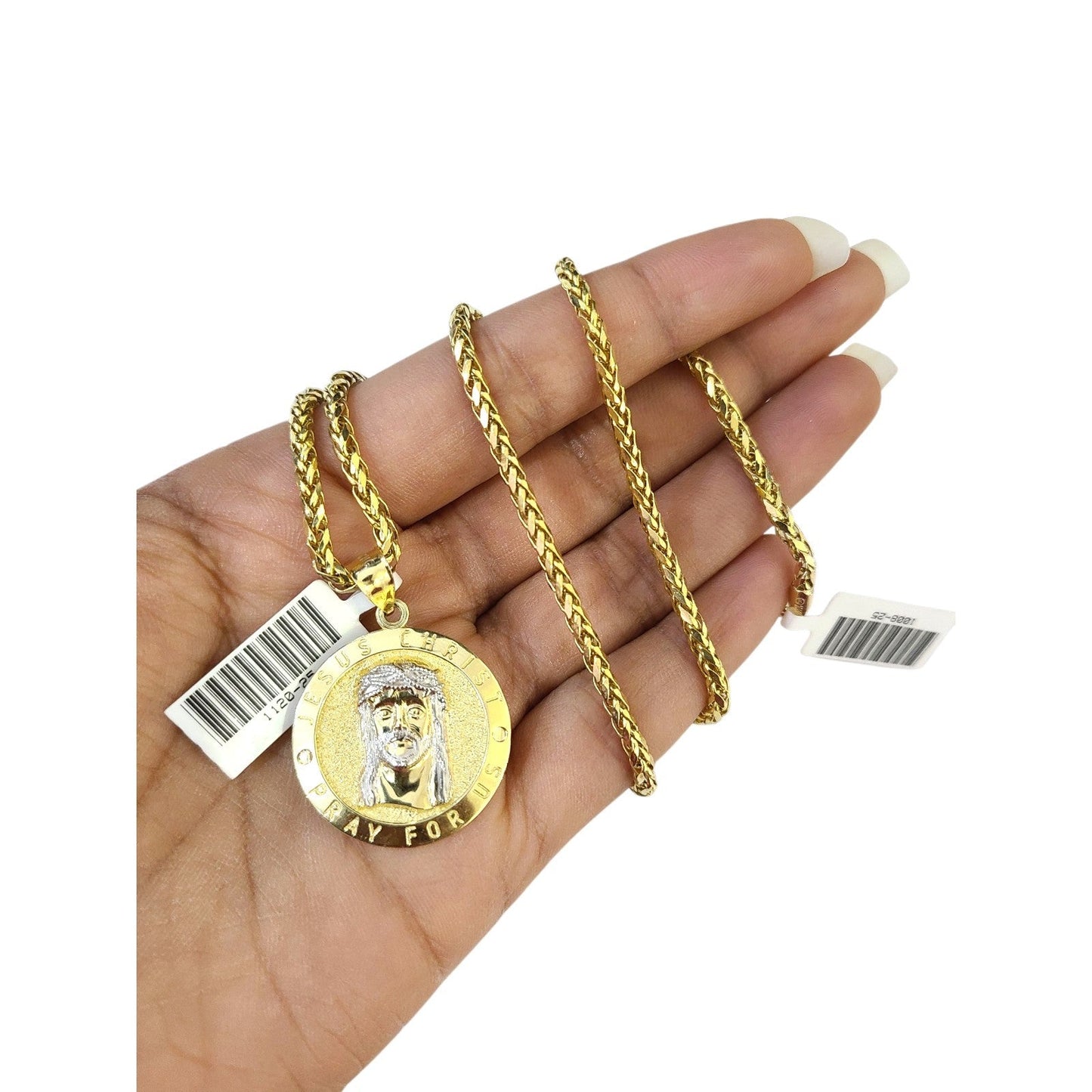 Real 10k Yellow Gold Palm Chain Jesus Christ Pendant Charm 3mm SET Necklace